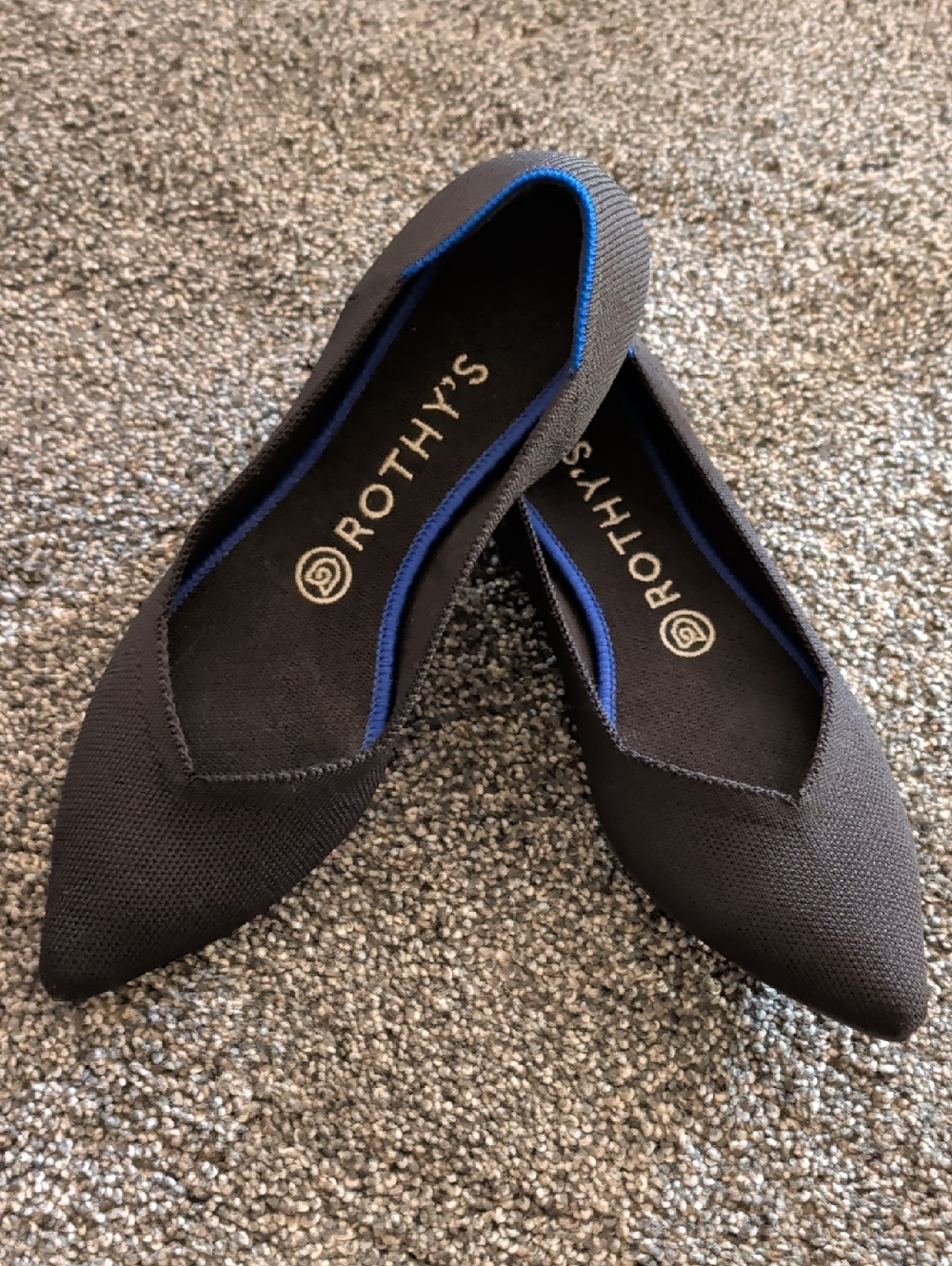 Rothy's Black Pointed Knit Flats with Blue Trim